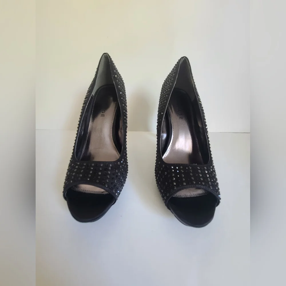 Rampage Gimme Platform Pumps Heels Shoes Black Satin Rhinestones Size 7.5